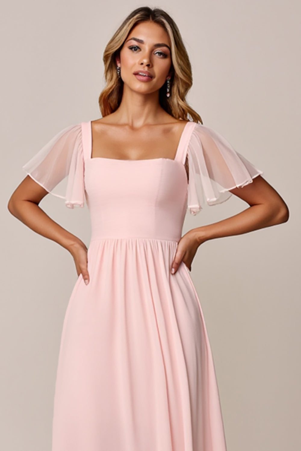 Candy Pink A Line Square Neck Chiffon Long Bridesmaid Dress