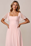 Candy Pink A Line Square Neck Chiffon Long Bridesmaid Dress