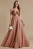 Sparkly Dusty Rose Sequins A Line Long Bridesmaid Dress