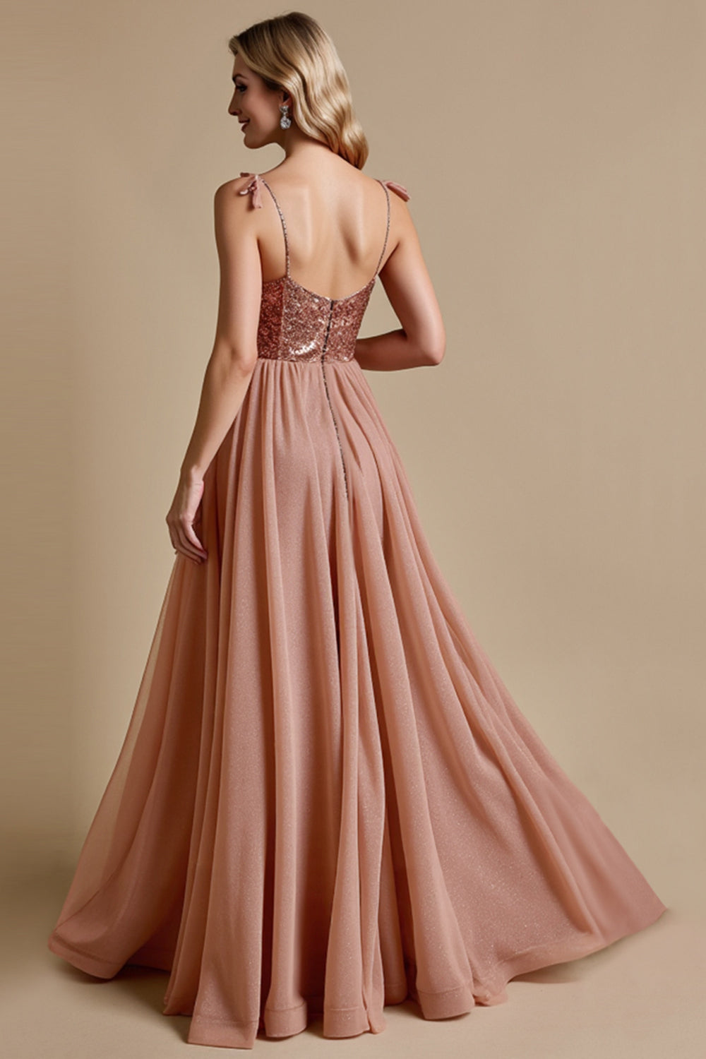 Sparkly Dusty Rose Sequins A Line Long Bridesmaid Dress