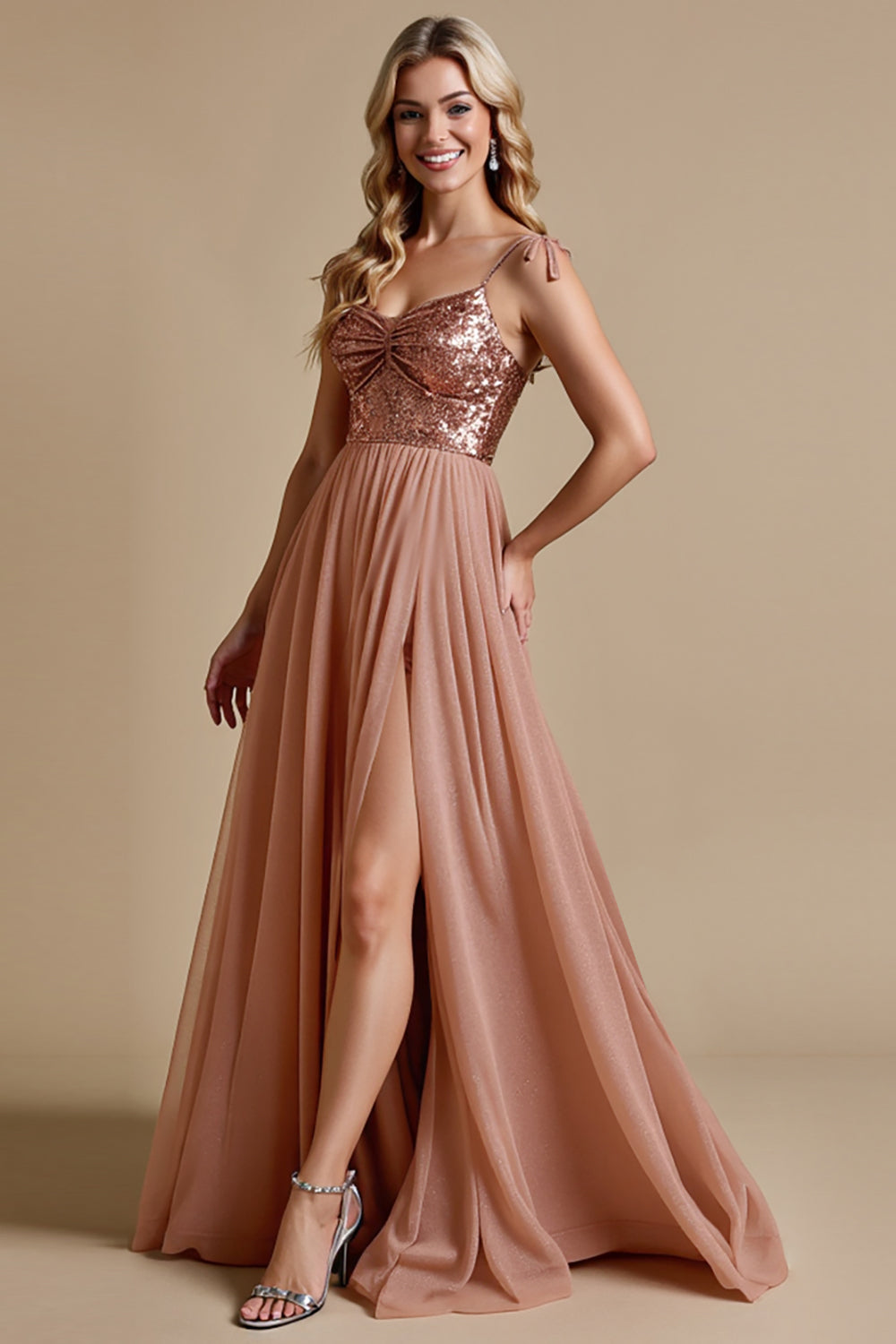 Sparkly Dusty Rose Sequins A Line Long Bridesmaid Dress