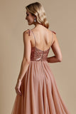 Sparkly Dusty Rose Sequins A Line Long Bridesmaid Dress