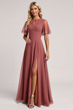 Vintage Mauve A Line Short Sleeves Chiffon Long Bridesmaid Dress with Slit