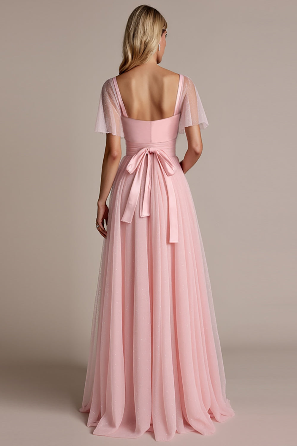 Candy Pink Short Sleeves A Line Long Bridesmaid Dress with Slit