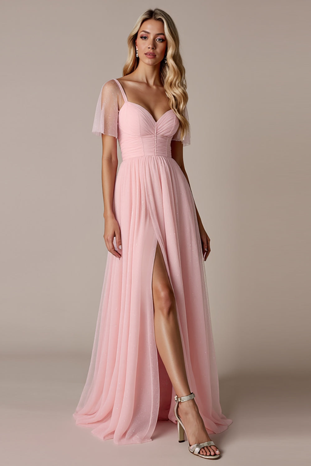 Candy Pink Short Sleeves A Line Long Bridesmaid Dress with Slit