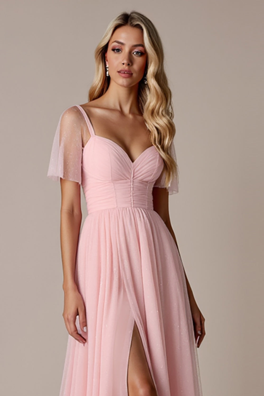 Candy Pink Short Sleeves A Line Long Bridesmaid Dress with Slit