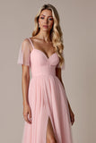 Candy Pink Short Sleeves A Line Long Bridesmaid Dress with Slit