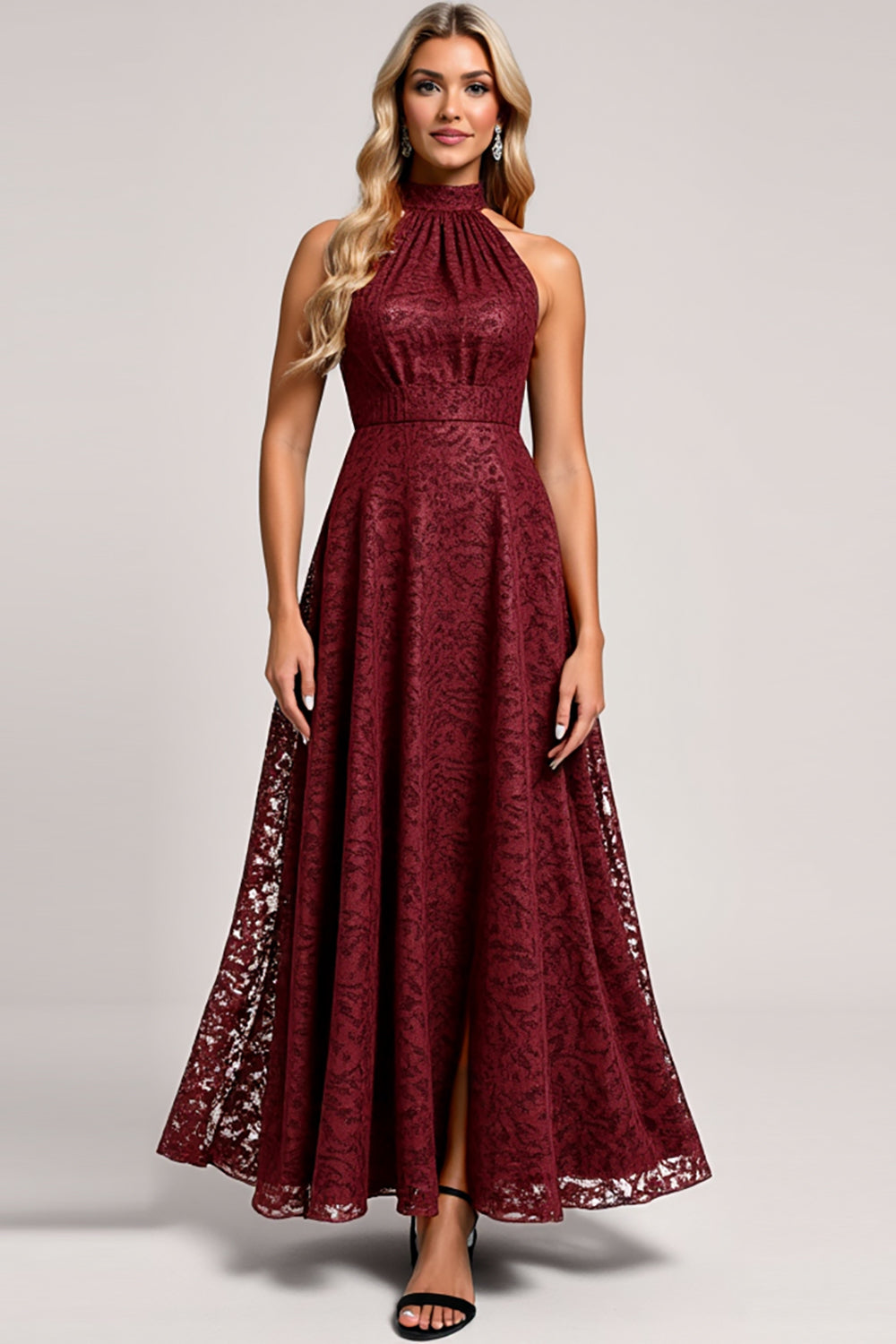Halter Cabernet A Line Lace Long Bridesmaid Dress