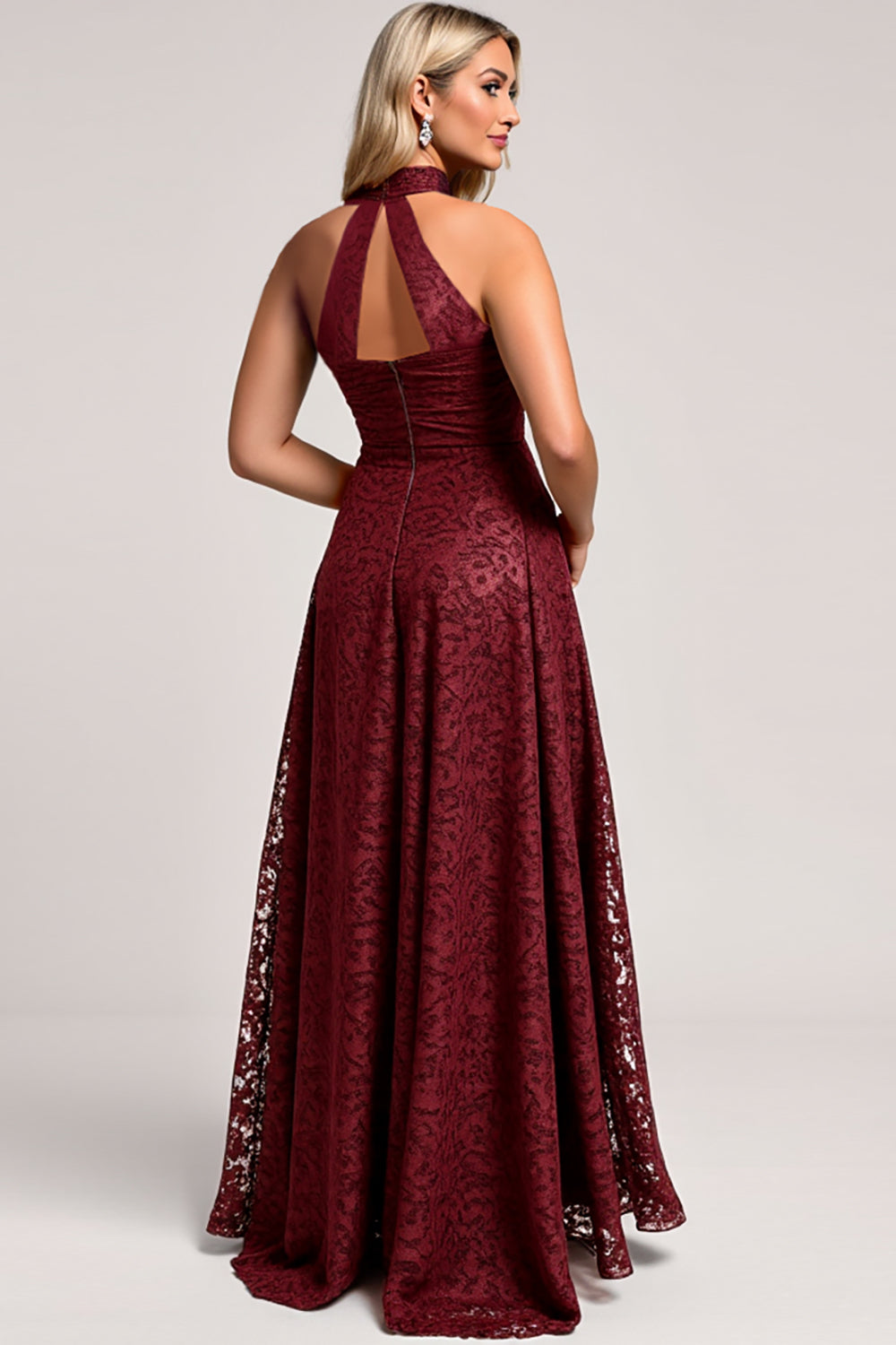 Halter Cabernet A Line Lace Long Bridesmaid Dress