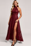 Halter Cabernet A Line Lace Long Bridesmaid Dress