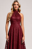 Halter Cabernet A Line Lace Long Bridesmaid Dress