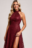 Halter Cabernet A Line Lace Long Bridesmaid Dress
