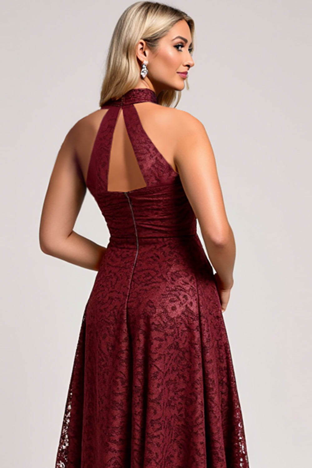Halter Cabernet A Line Lace Long Bridesmaid Dress