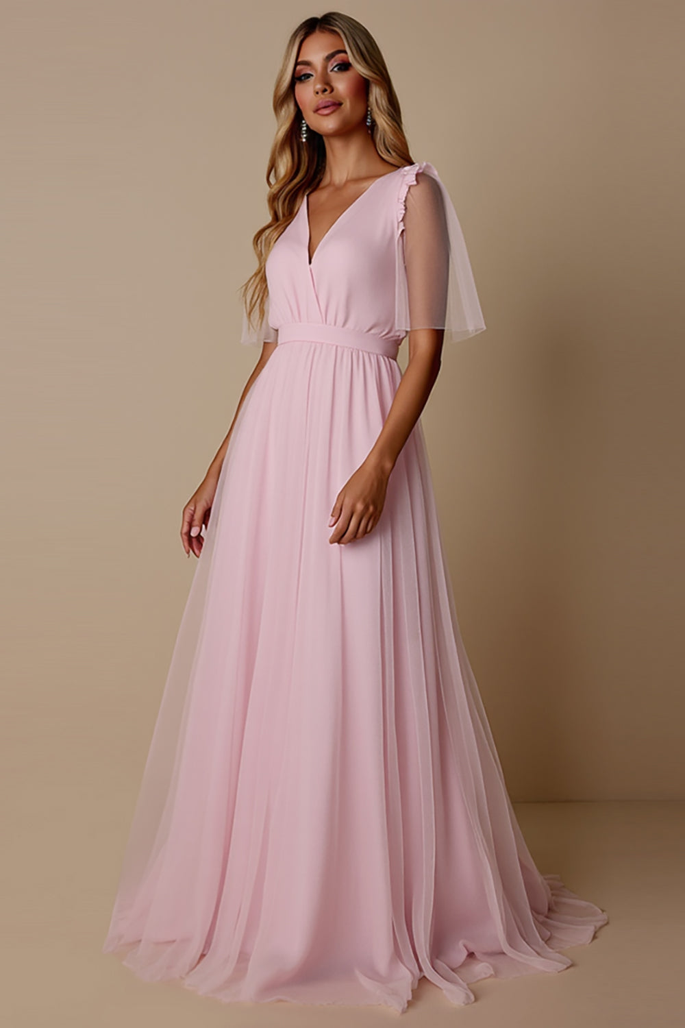 Candy Pink Tulle A Line V-Neck Long Bridesmaid Dress with Sleeves