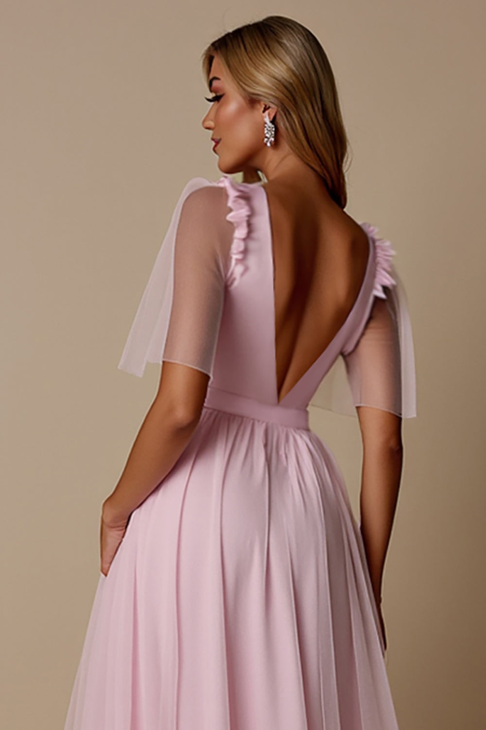 Candy Pink Tulle A Line V-Neck Long Bridesmaid Dress with Sleeves