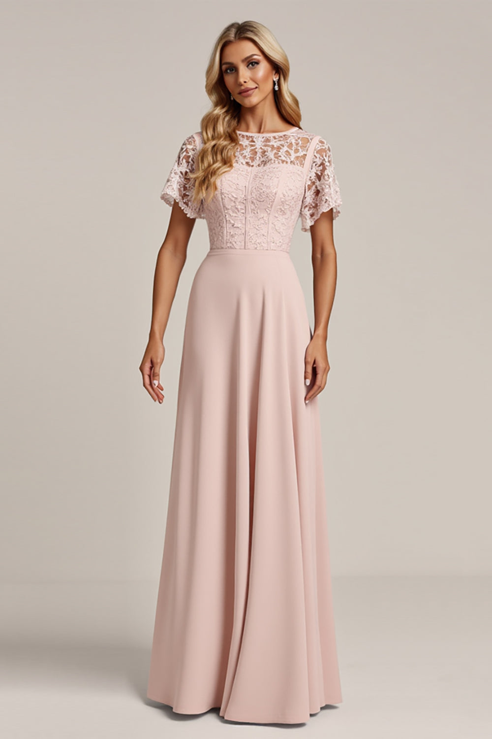 Pink Chiffon Sheath Long Bridesmaid Dress with Lace