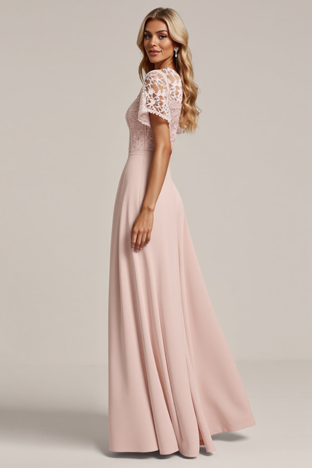 Pink Chiffon Sheath Long Bridesmaid Dress with Lace