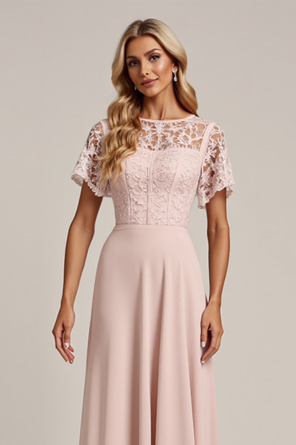 Pink Chiffon Sheath Long Bridesmaid Dress with Lace