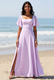Lilac Chiffon A Line Long Boho Bridesmaid Dress with Sleeves