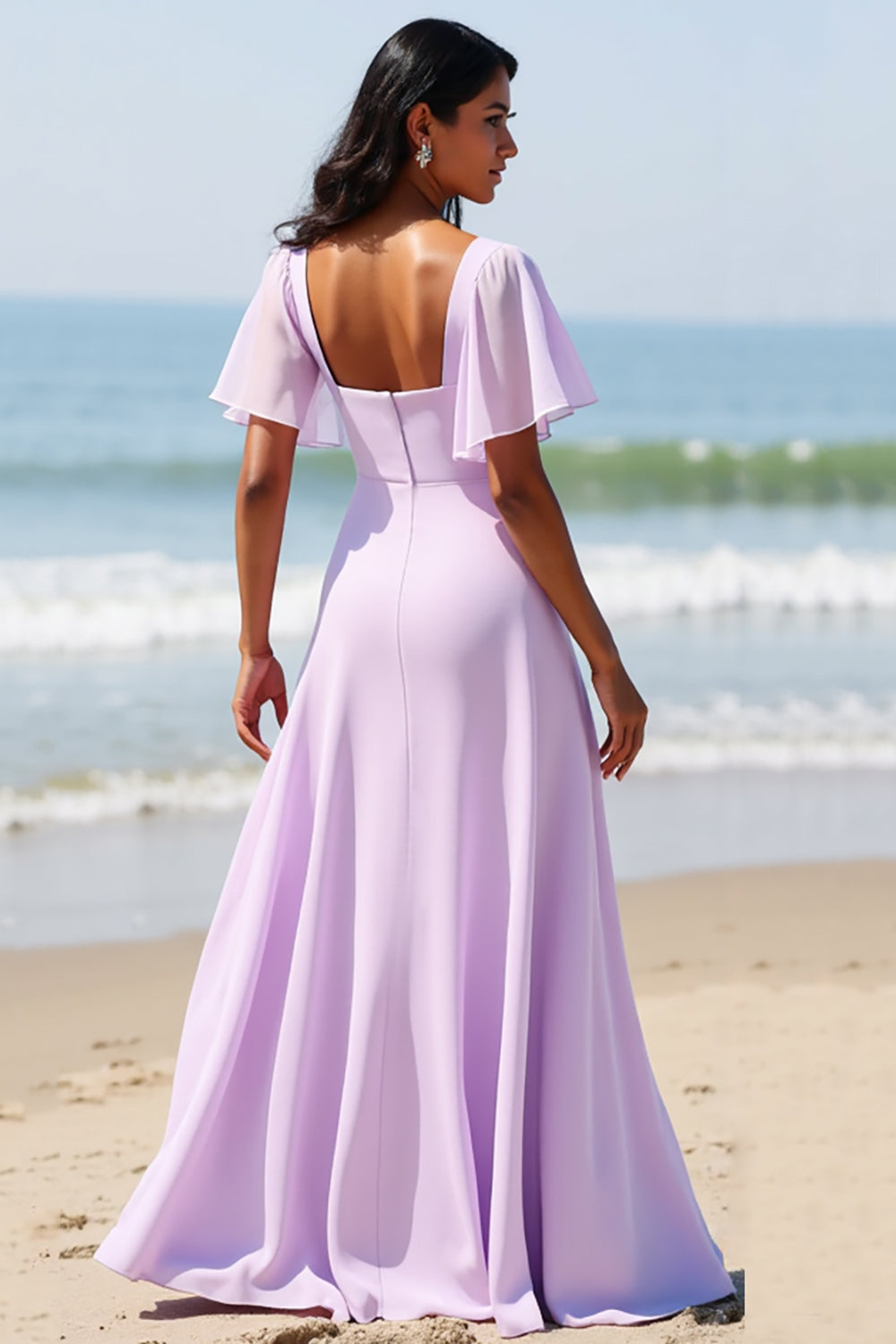 Lilac Chiffon A Line Long Boho Bridesmaid Dress with Sleeves