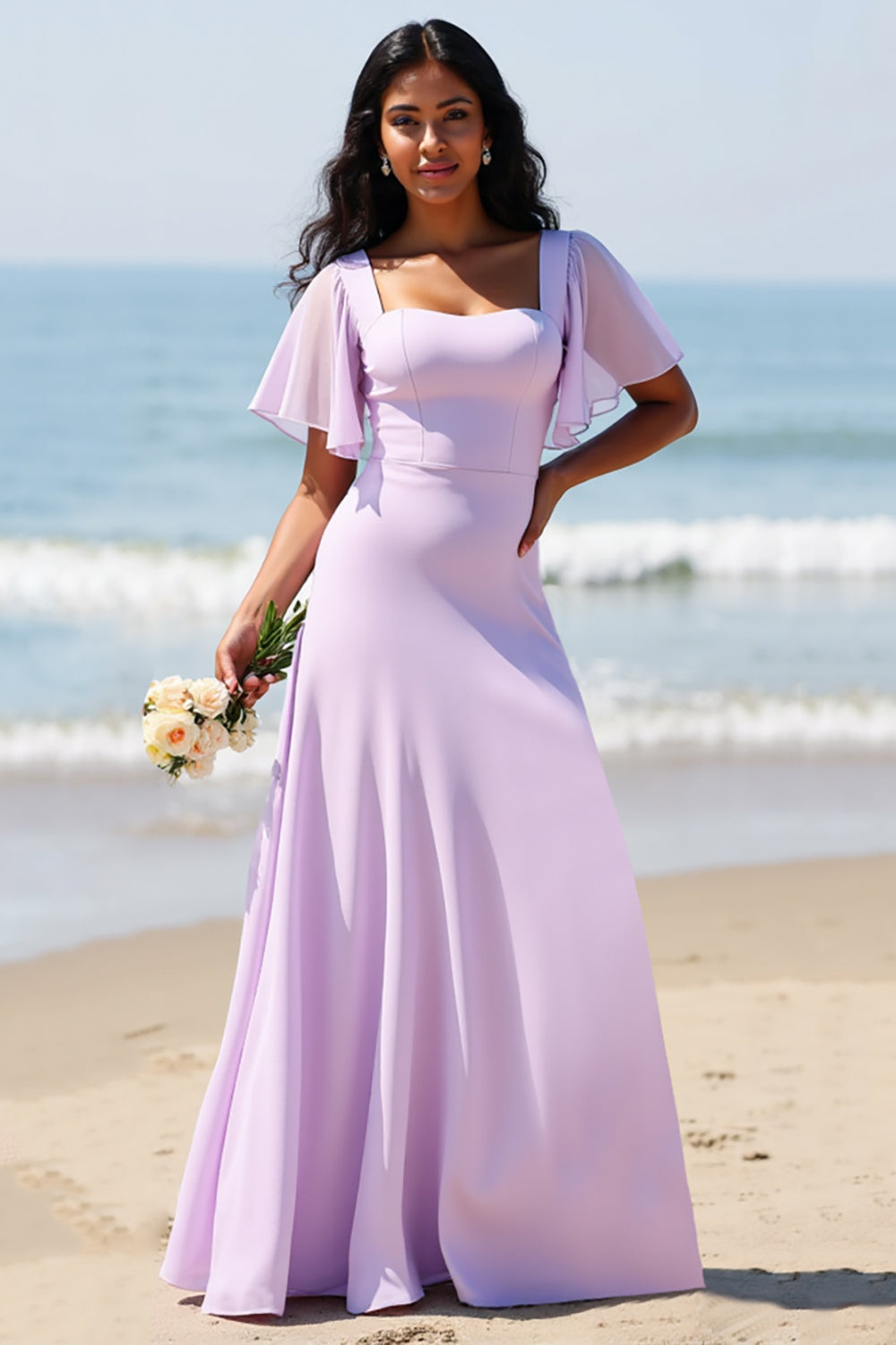 Lilac Chiffon A Line Long Boho Bridesmaid Dress with Sleeves
