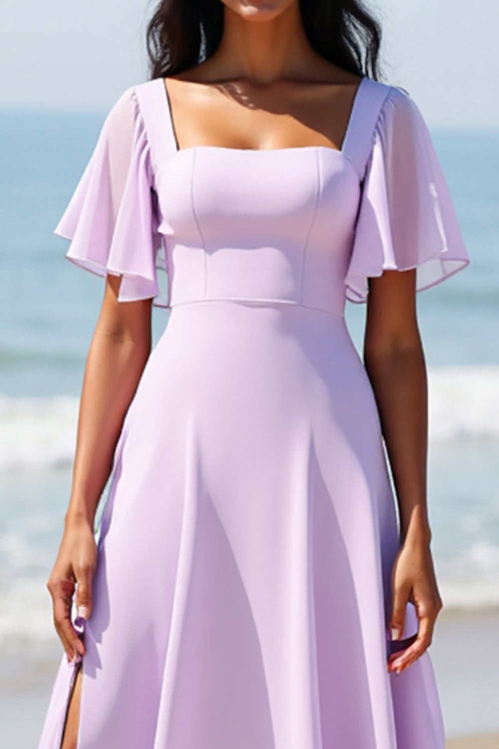 Lilac Chiffon A Line Long Boho Bridesmaid Dress with Sleeves