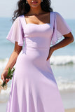 Lilac Chiffon A Line Long Boho Bridesmaid Dress with Sleeves
