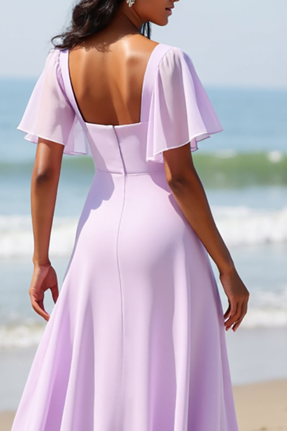 Lilac Chiffon A Line Long Boho Bridesmaid Dress with Sleeves