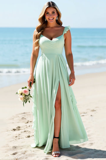 Mint Green Chiffon Plus Size Long Boho Bridesmaid Dress with Slit