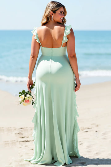 Mint Green Chiffon Plus Size Long Boho Bridesmaid Dress with Slit