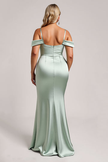 Sage Green Cold Shoulder Long Plus Size Bridesmaid Dress with Slit