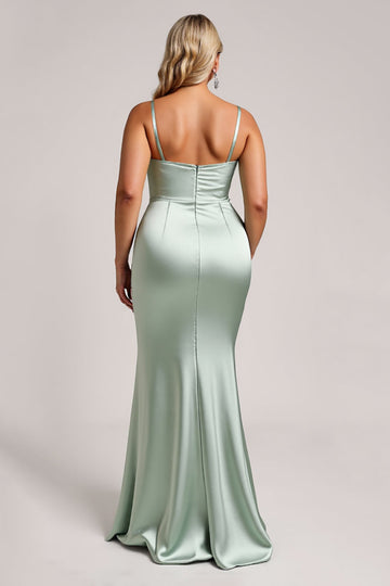 Sage Green Satin Long Plus Size Bridesmaid Dress with Slit