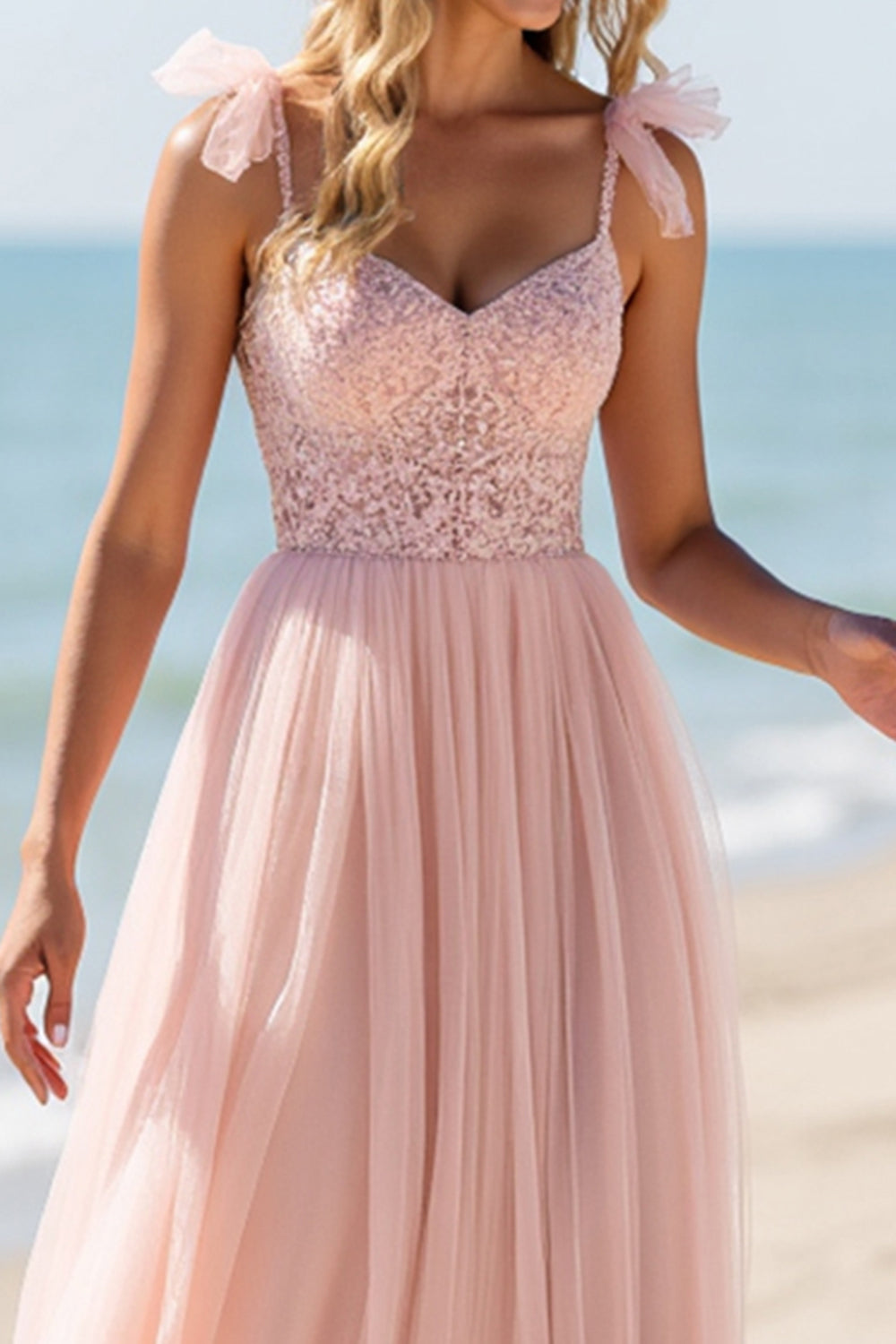 Blush A Line Tulle Long Boho Bridesmaid Dress with Lace