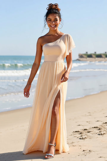 Apricot Chiffon One Shoulder A Line Long Boho Bridesmaid Dress