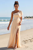 Apricot Chiffon One Shoulder A Line Long Boho Bridesmaid Dress