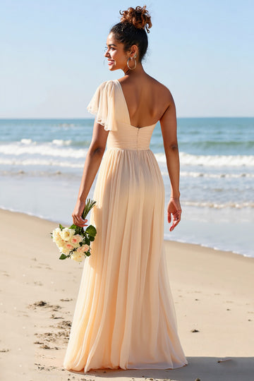 Apricot Chiffon One Shoulder A Line Long Boho Bridesmaid Dress