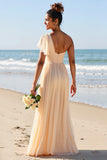 Apricot Chiffon One Shoulder A Line Long Boho Bridesmaid Dress