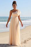 Apricot Chiffon One Shoulder A Line Long Boho Bridesmaid Dress