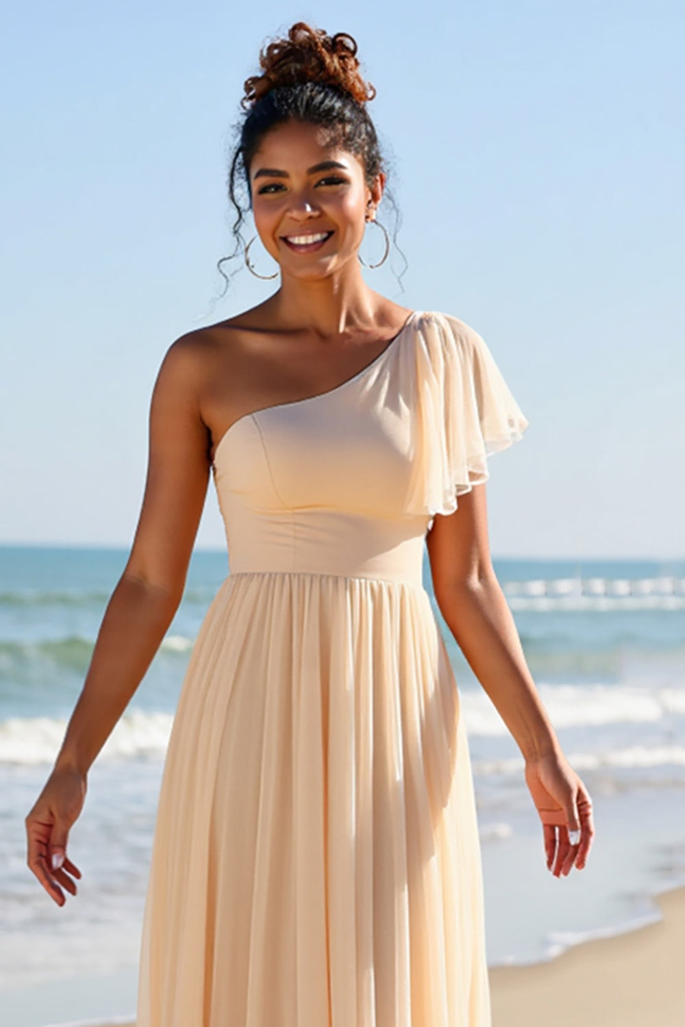 Apricot Chiffon One Shoulder A Line Long Boho Bridesmaid Dress