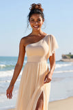 Apricot Chiffon One Shoulder A Line Long Boho Bridesmaid Dress