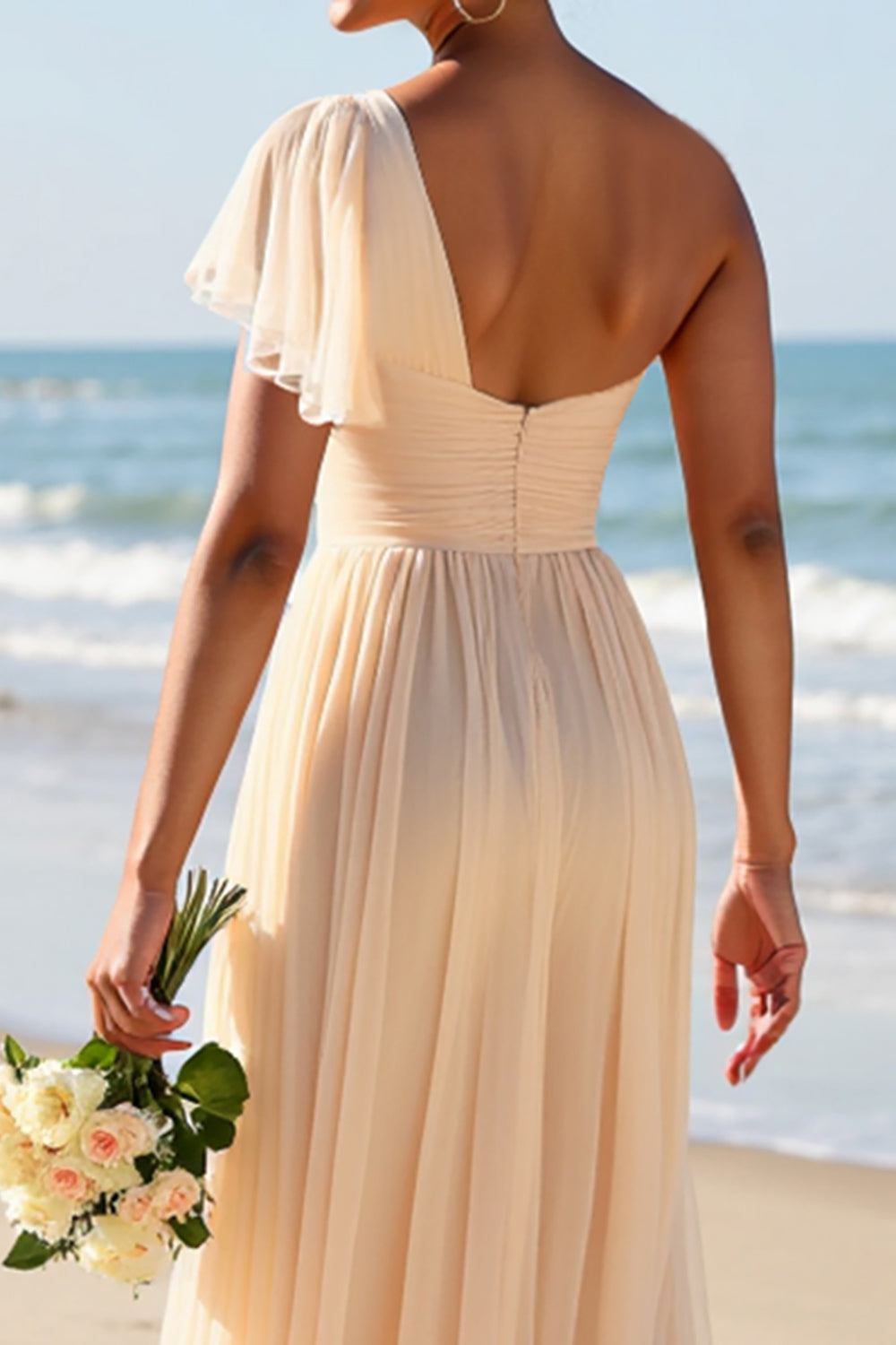 Apricot Chiffon One Shoulder A Line Long Boho Bridesmaid Dress