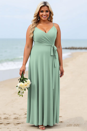 Sage Green Plus Size Chiffon Spaghetti Straps Long Boho Bridesmaid Dress