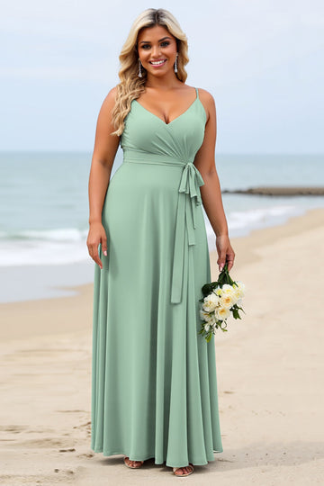 Sage Green Plus Size Chiffon Spaghetti Straps Long Boho Bridesmaid Dress