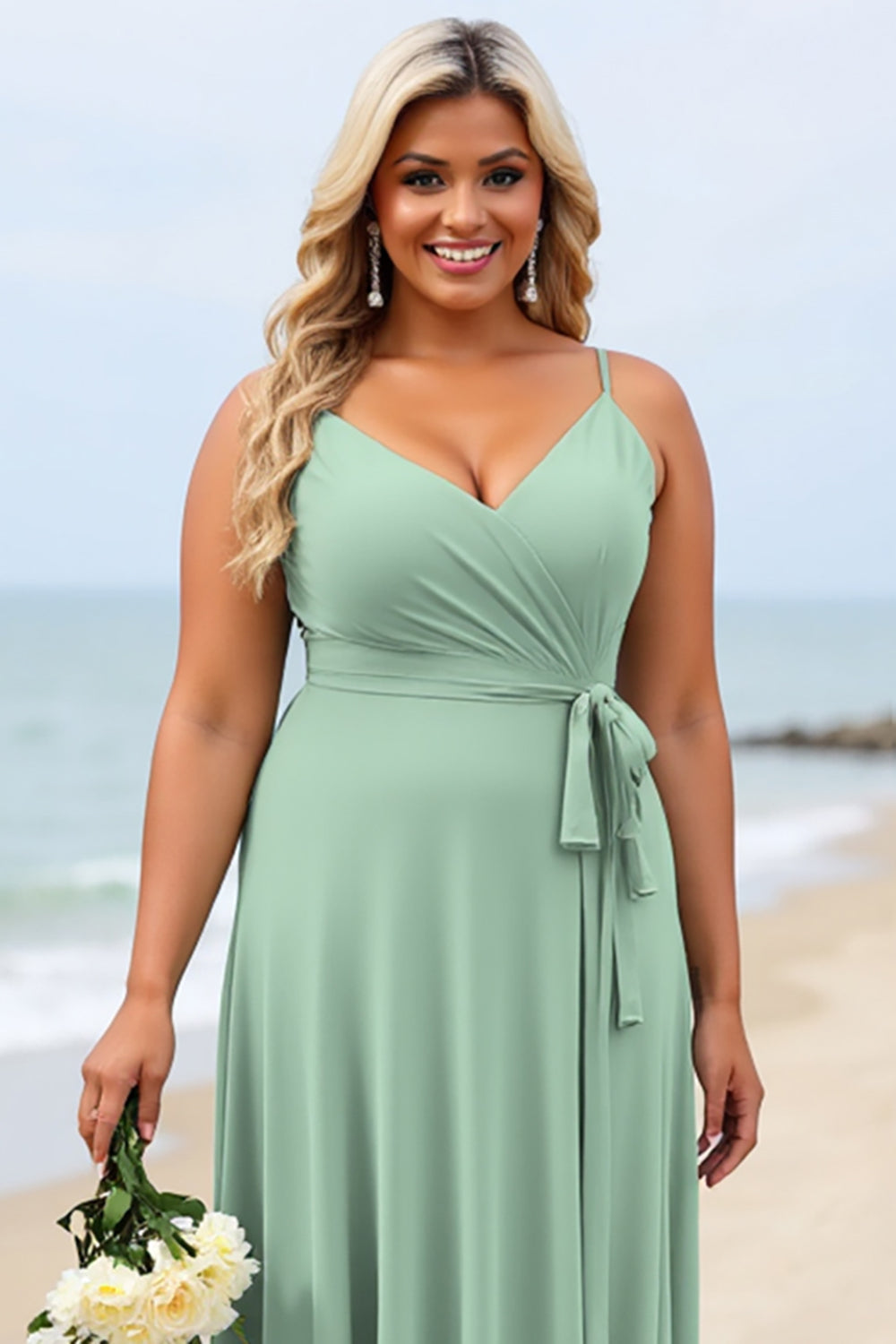 Sage Green Plus Size Chiffon Spaghetti Straps Long Boho Bridesmaid Dress
