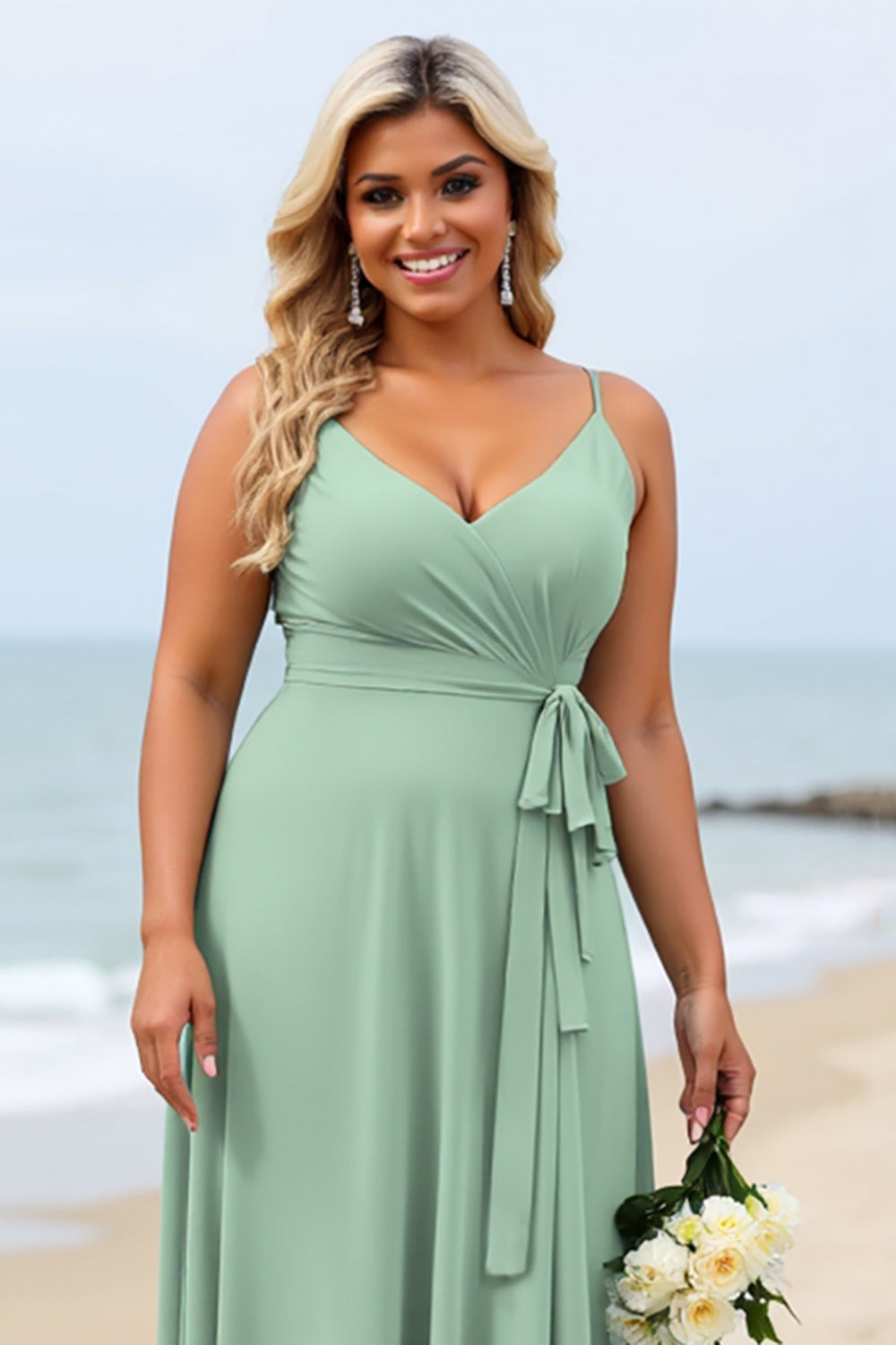 Sage Green Plus Size Chiffon Spaghetti Straps Long Boho Bridesmaid Dress