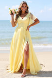Yellow A Line V-Neck Chiffon Long Boho Bridesmaid Dress with Slit