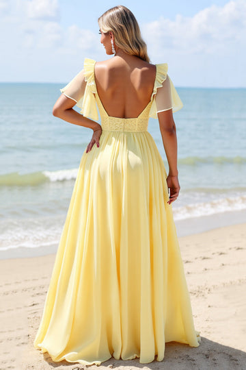 Yellow A Line V-Neck Chiffon Long Boho Bridesmaid Dress with Slit