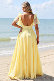 Yellow A Line V-Neck Chiffon Long Boho Bridesmaid Dress with Slit