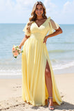 Yellow A Line V-Neck Chiffon Long Boho Bridesmaid Dress with Slit