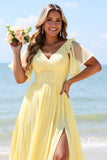 Yellow A Line V-Neck Chiffon Long Boho Bridesmaid Dress with Slit